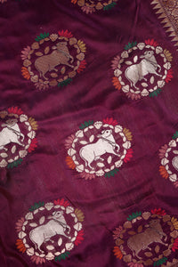 Handwoven Wine Banarasi Katan Silk Saree