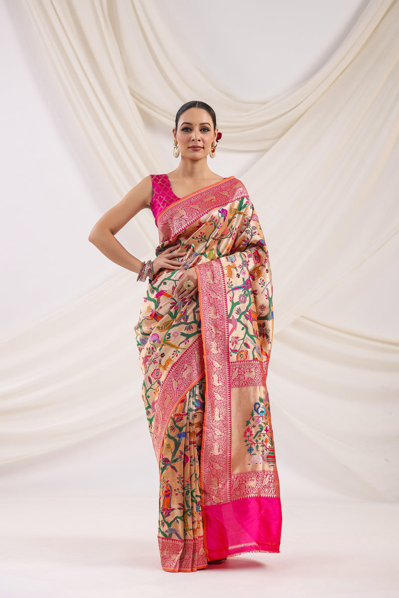 Handwoven Pink Shikargaah Katan Silk Saree