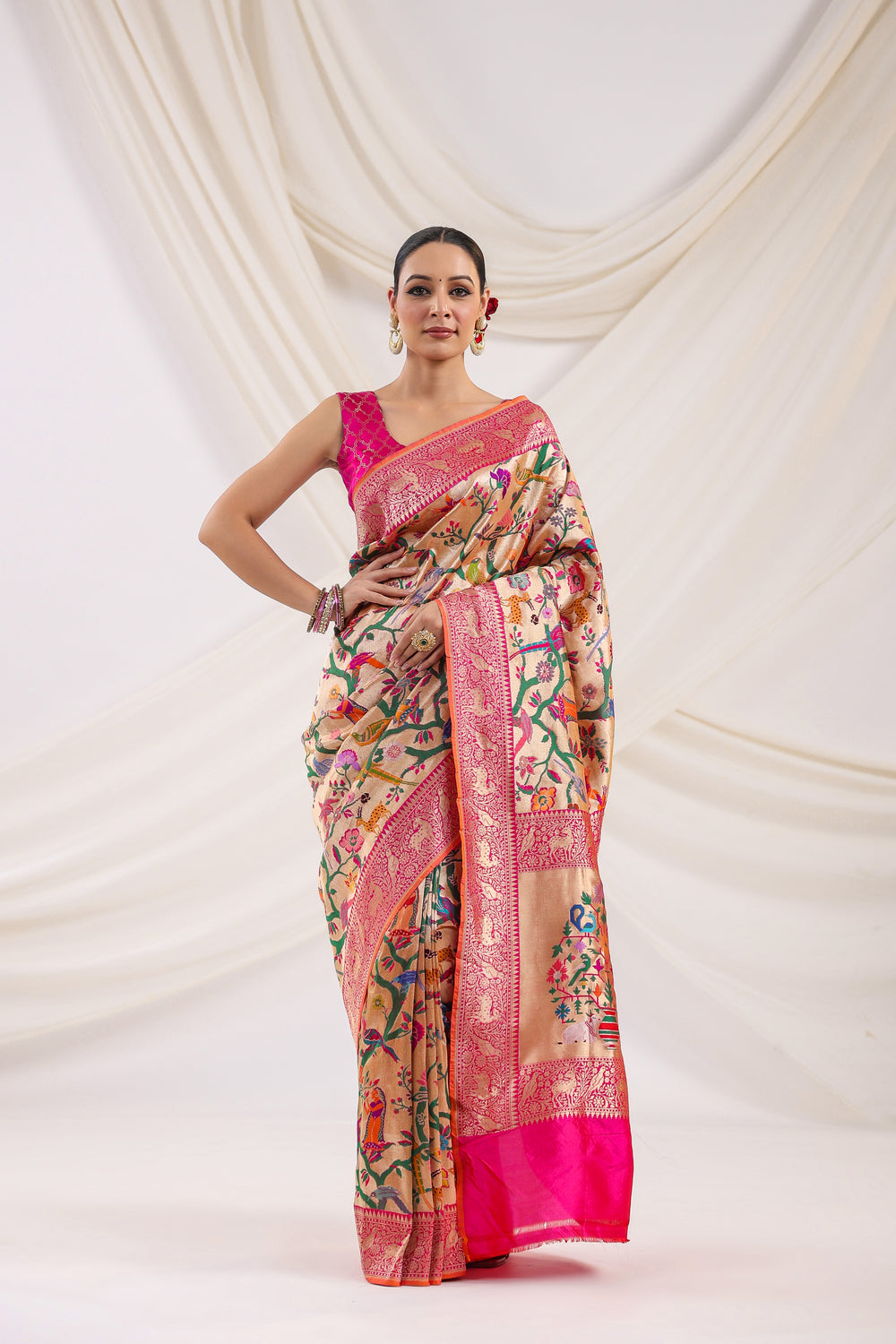 Handwoven Pink Shikargaah Katan Silk Saree