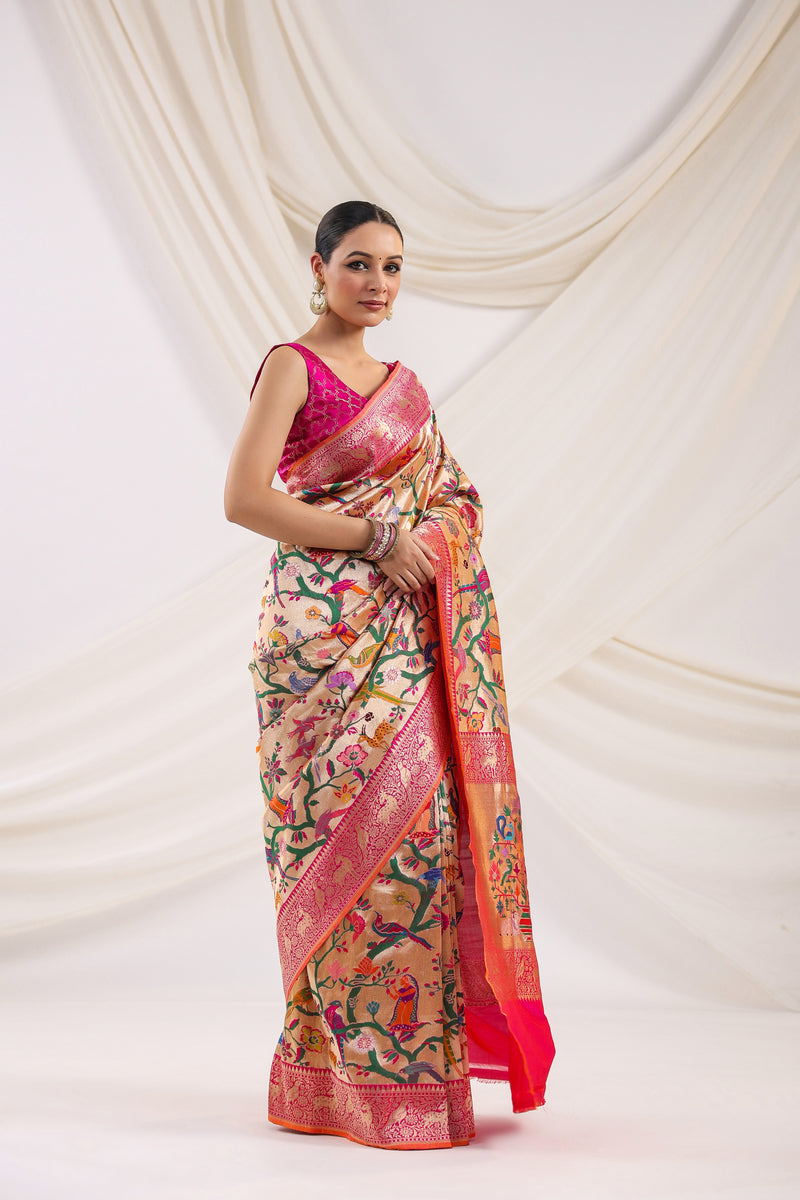Handwoven Pink Shikargaah Katan Silk Saree