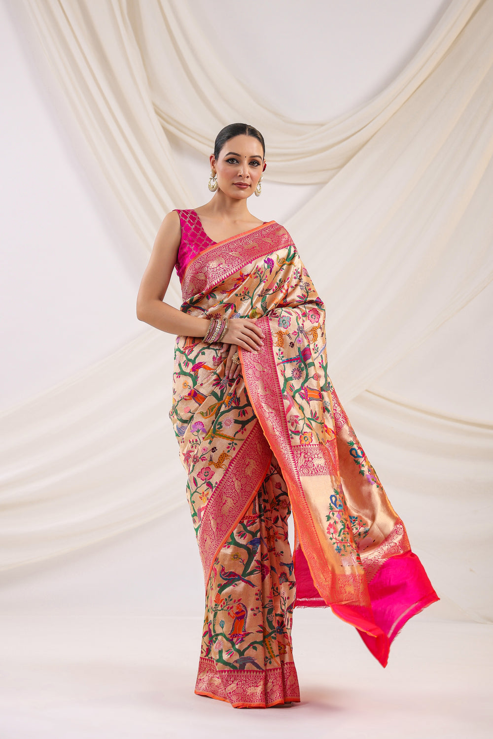 Handwoven Pink Shikargaah Katan Silk Saree