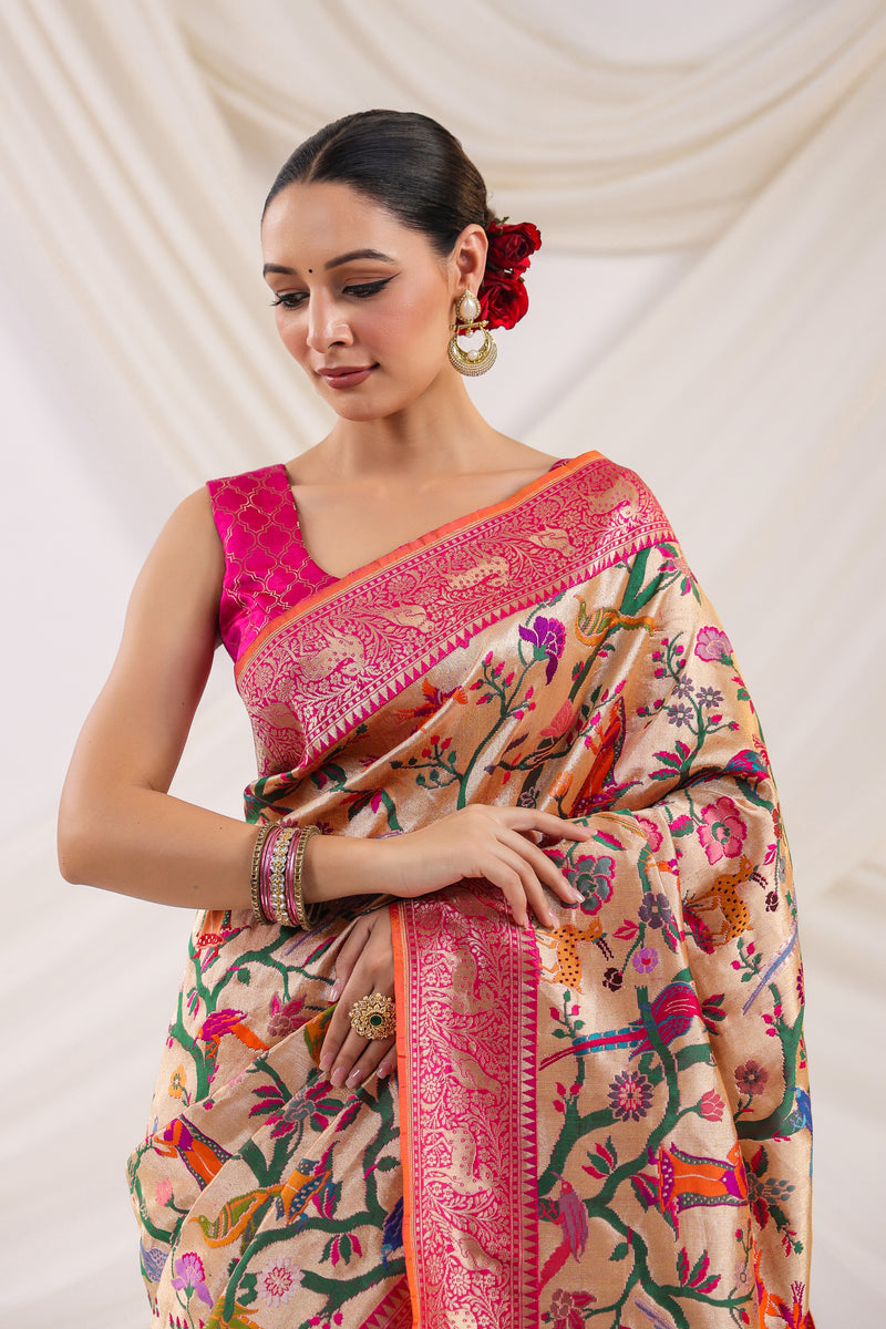 Handwoven Pink Shikargaah Katan Silk Saree