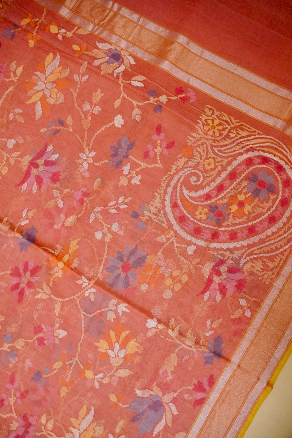 Handwoven Peach Real Zari Banarasi Cotton Jamdani Saree