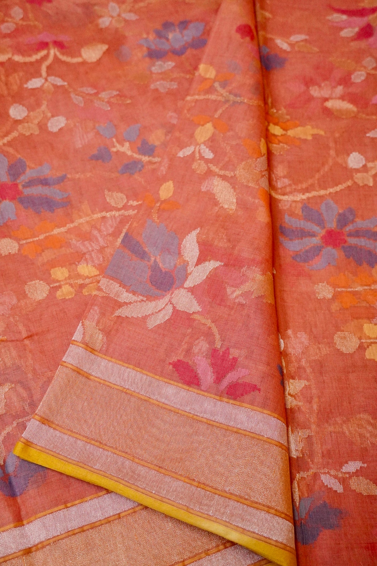 Handwoven Peach Real Zari Banarasi Cotton Jamdani Saree