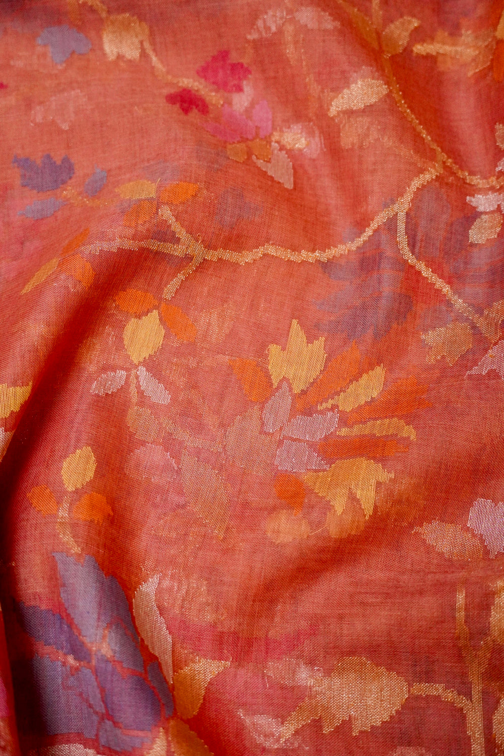 Handwoven Peach Real Zari Banarasi Cotton Jamdani Saree