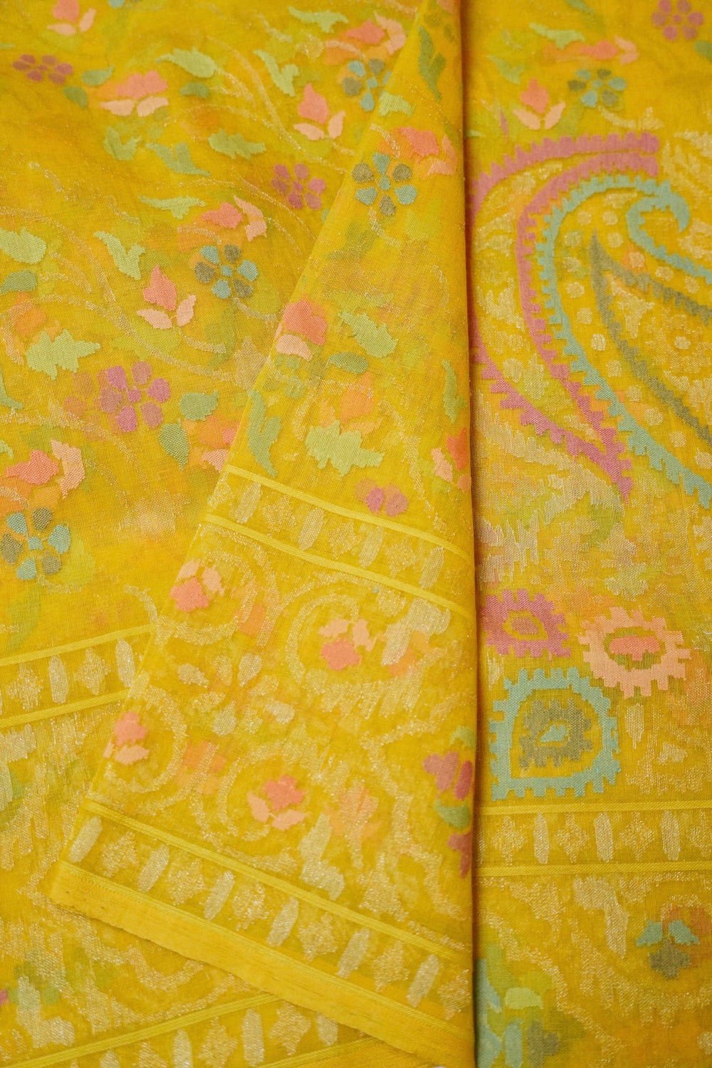 Handwoven Yellow Real Zari Banarasi Cotton Jamdani Saree