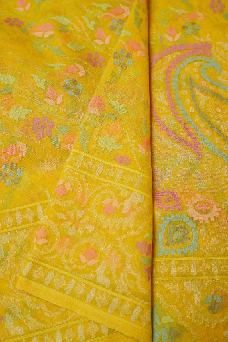 Handwoven Yellow Real Zari Banarasi Cotton Jamdani Saree