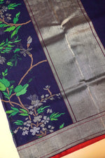 Handwoven Dark BlueReal Zari Banarasi Cotton Jamdani  Saree