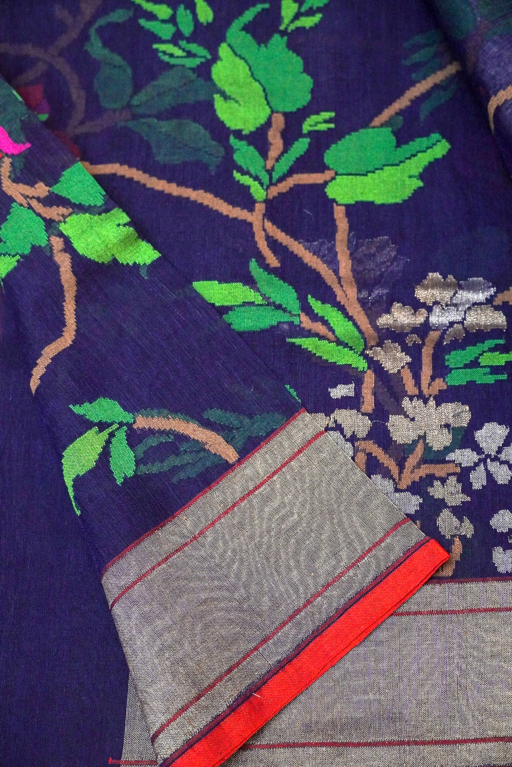 Handwoven Dark BlueReal Zari Banarasi Cotton Jamdani  Saree