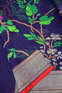 Handwoven Dark BlueReal Zari Banarasi Cotton Jamdani  Saree