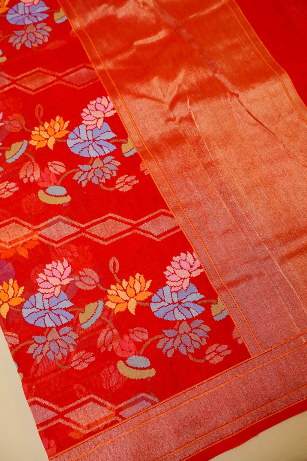 Handwoven RedReal Zari Banarasi Cotton Jamdani  Saree