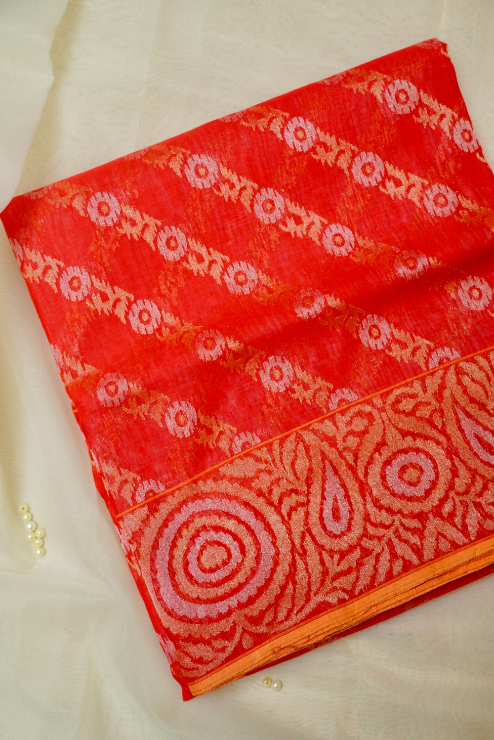 Handwoven Red Real Zari Banarasi Cotton Jamdani  Saree