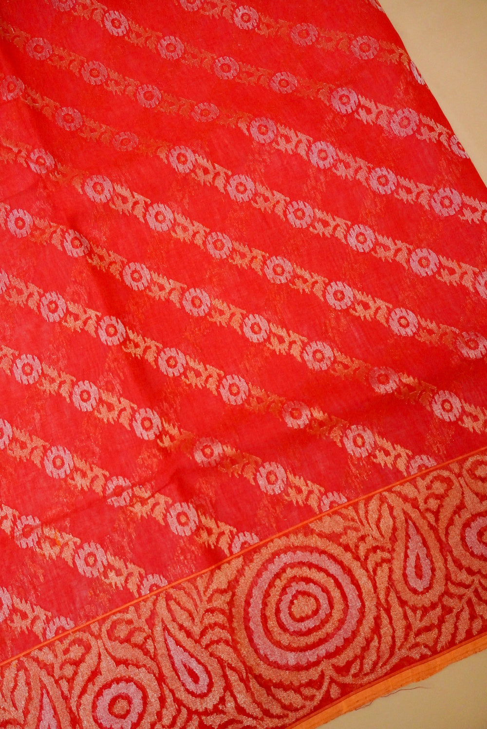 Handwoven Red Real Zari Banarasi Cotton Jamdani  Saree