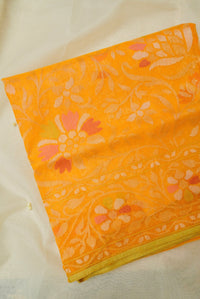 Handwoven Yellow Real Zari Banarasi Cotton Jamdani  Saree