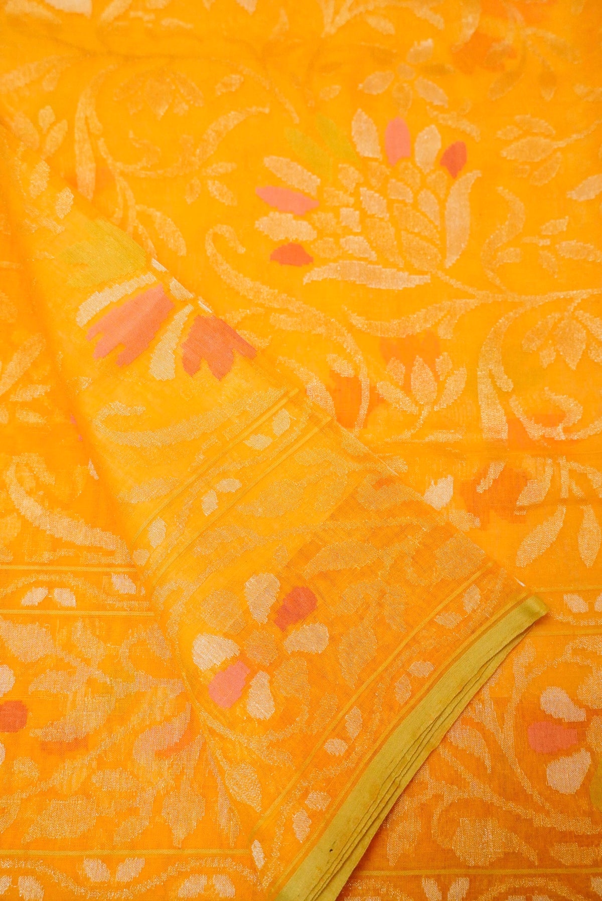 Handwoven Yellow Real Zari Banarasi Cotton Jamdani  Saree