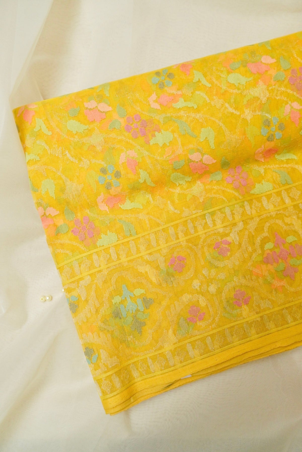 Handwoven Lemon Yellow Real Zari Banarasi Cotton Jamdani  Saree