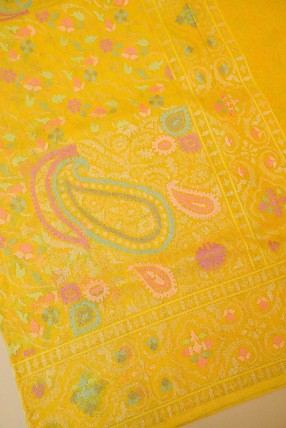 Handwoven Lemon Yellow Real Zari Banarasi Cotton Jamdani  Saree