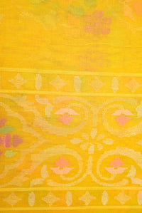 Handwoven Lemon Yellow Real Zari Banarasi Cotton Jamdani  Saree