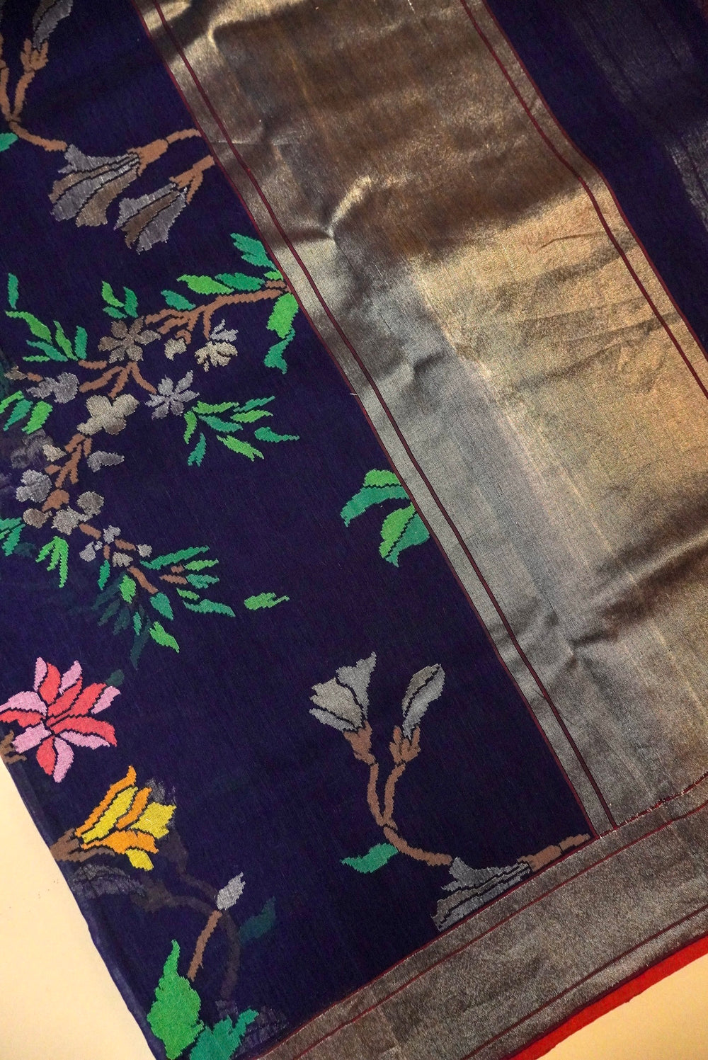 Handwoven Dark Blue Real Zari Banarasi Cotton Jamdani  Saree