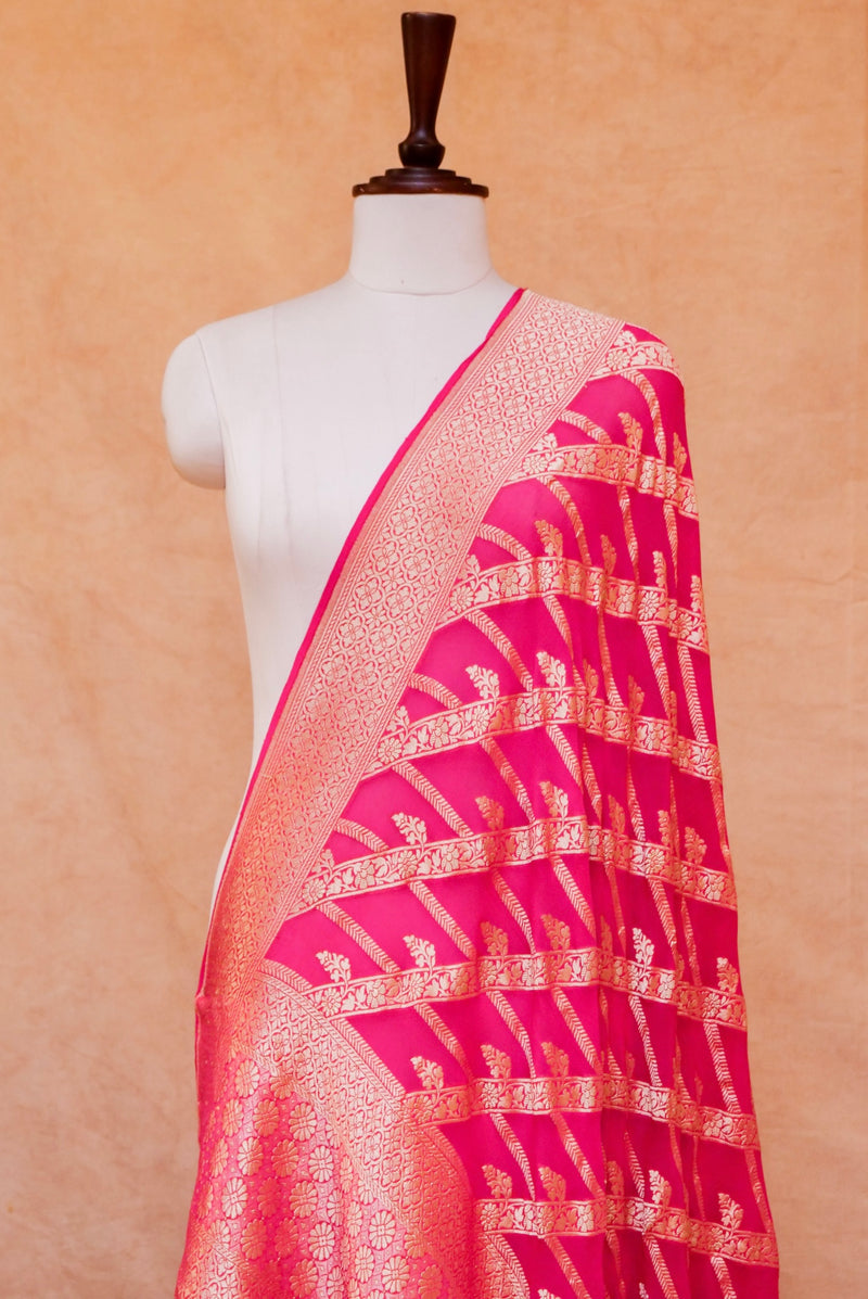 Handwoven Pink Banarasi Katan Silk Dupatta