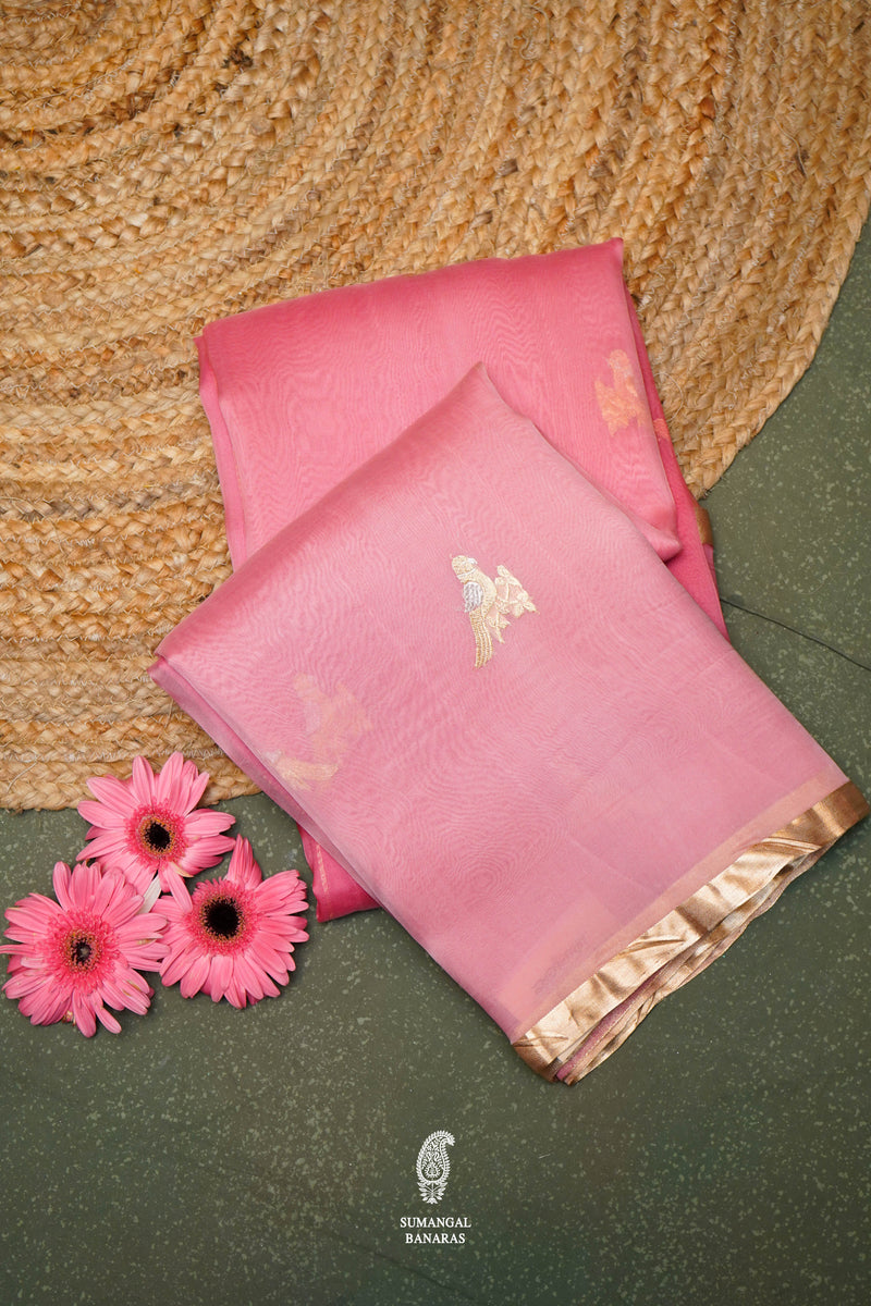 Handwoven Pastel Pink Banarasi Organza  Saree