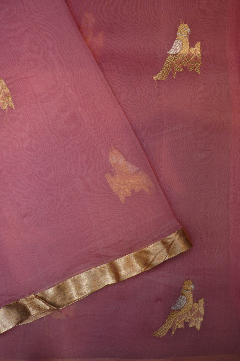 Handwoven Pastel Pink Banarasi Organza  Saree