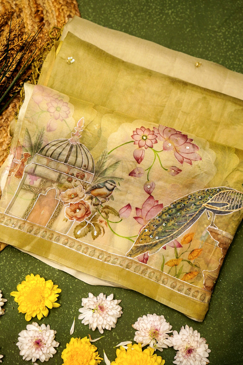 Designer Mustard Yellow Organza Silk Saree