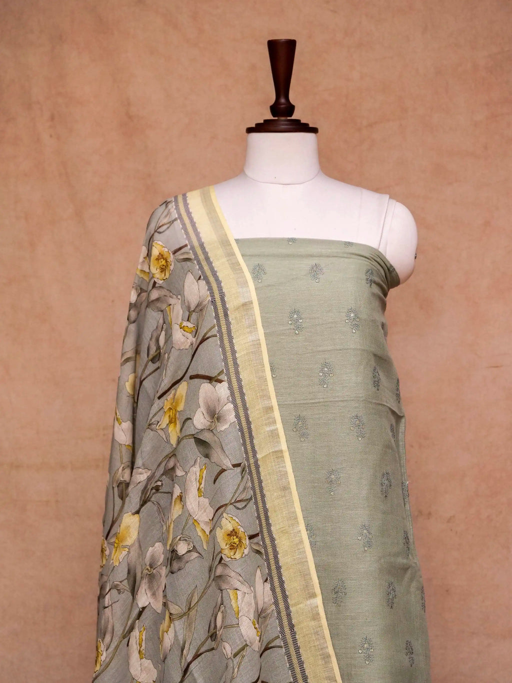 Banarasi Laurel Green Linen Silk Suit