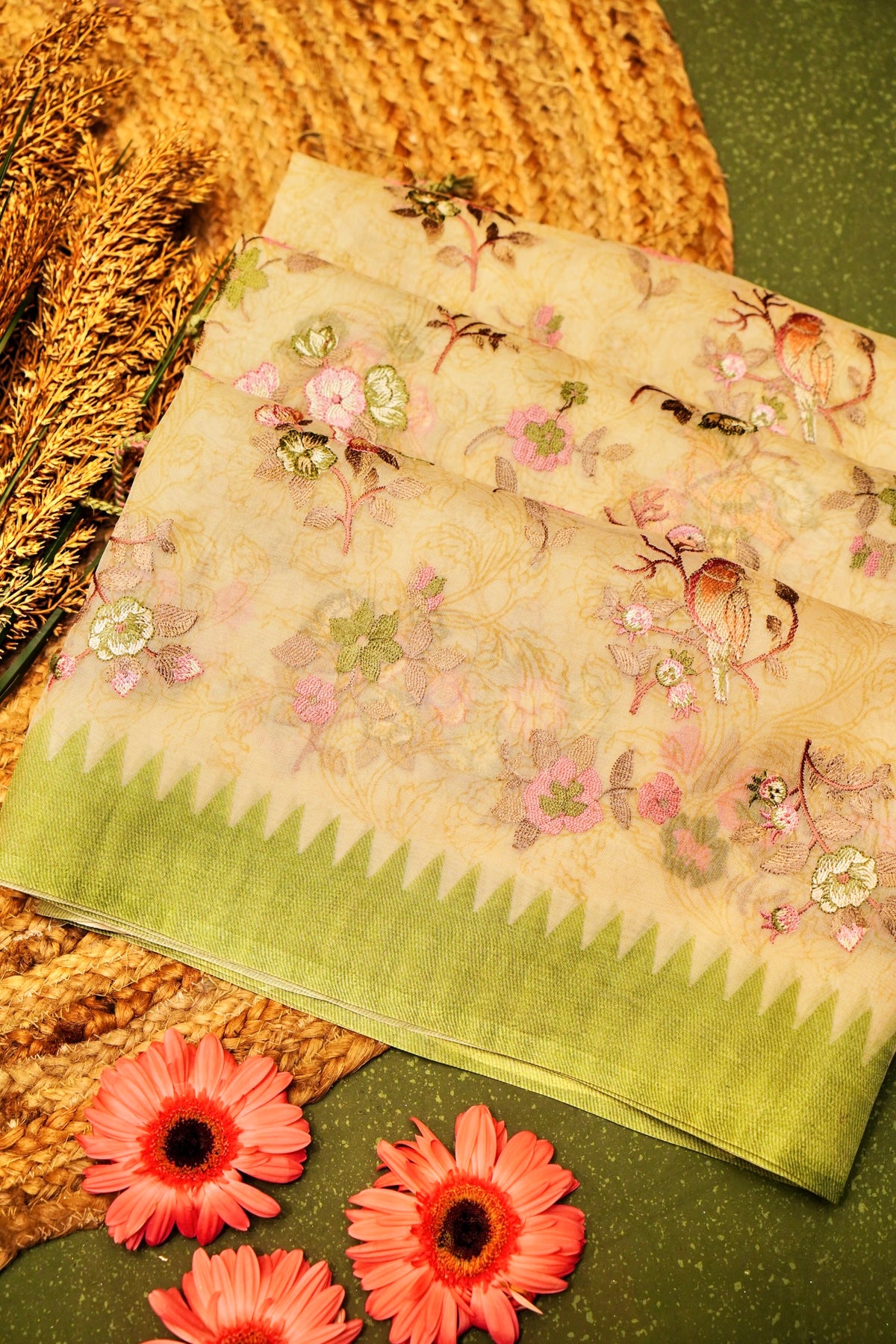 Designer Light Yellow Organza Saree