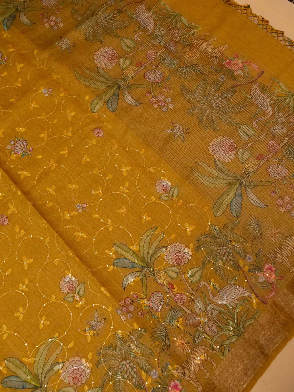 Handwoven Mustard Banarasi Muslin Silk Saree