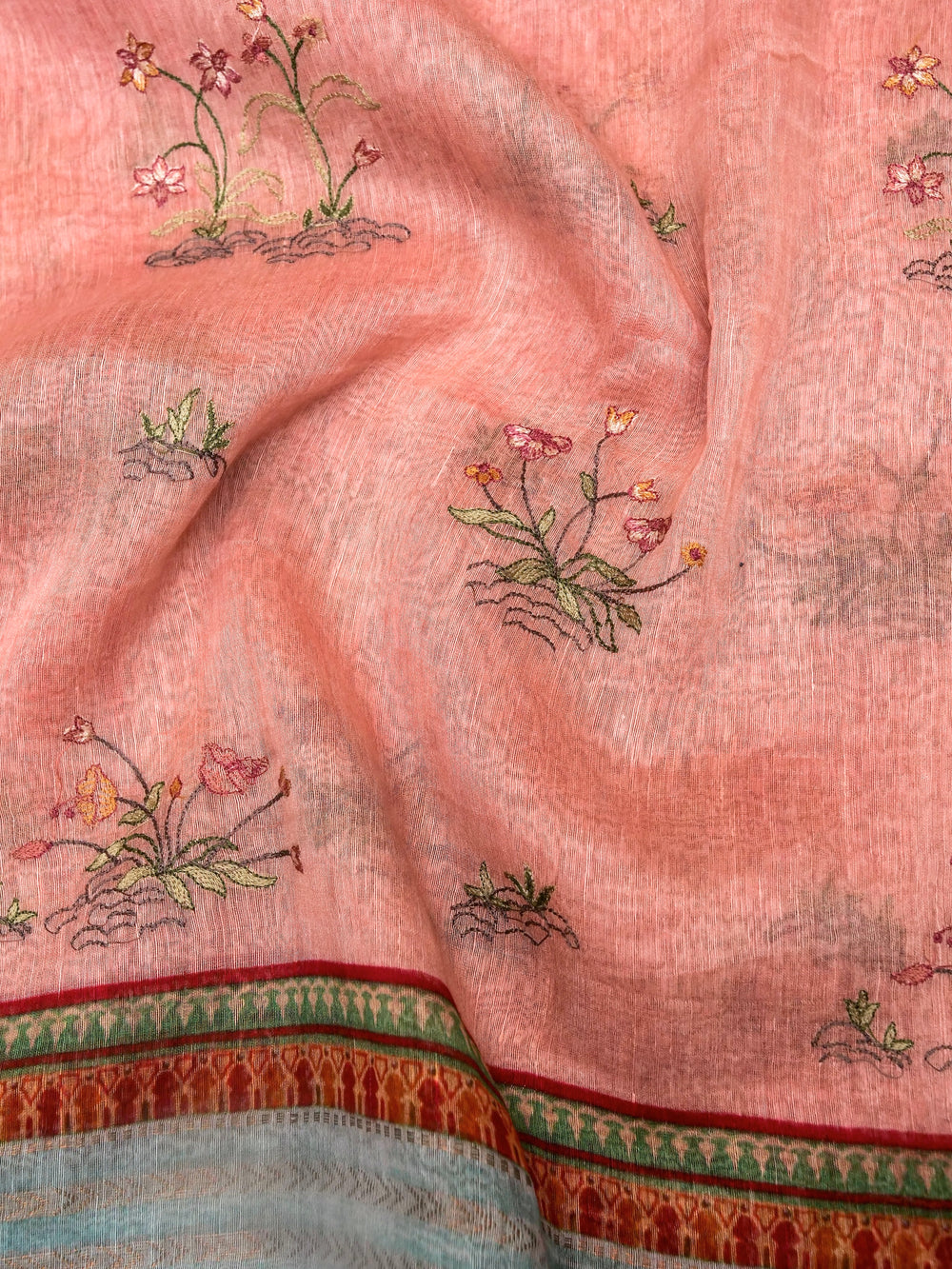Handwoven Peach Pink Banarasi Muslin Cotton Saree