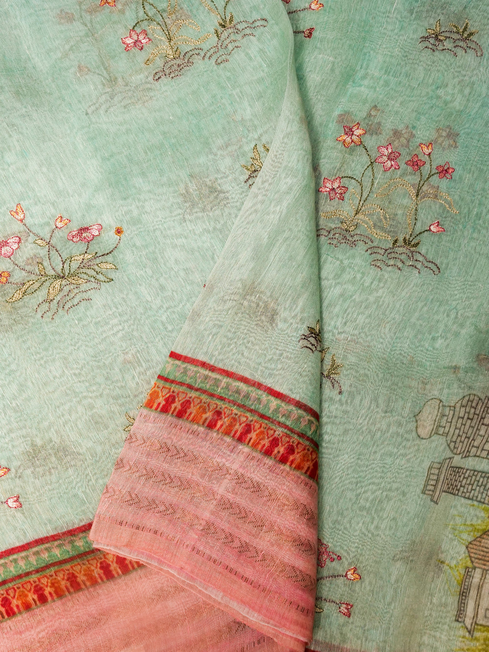 Handwoven Moss Green Banarasi Muslin Cotton Saree