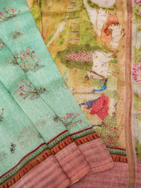 Handwoven Moss Green Banarasi Muslin Cotton Saree