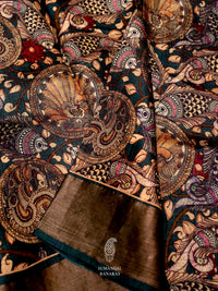 Handwoven Kalamkari Blue Banaras Tussar Silk Saree