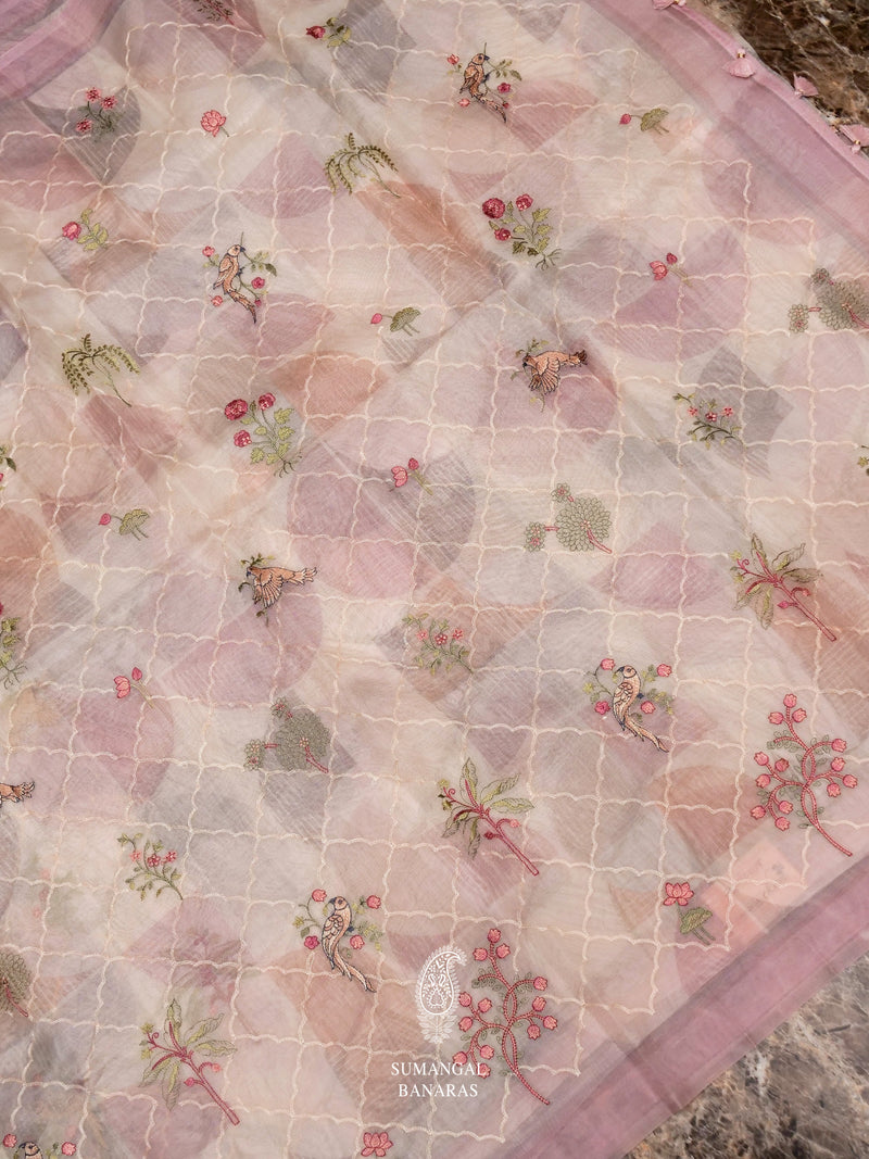 Hand Embroidered Light Pink Banaras Organza Silk Saree
