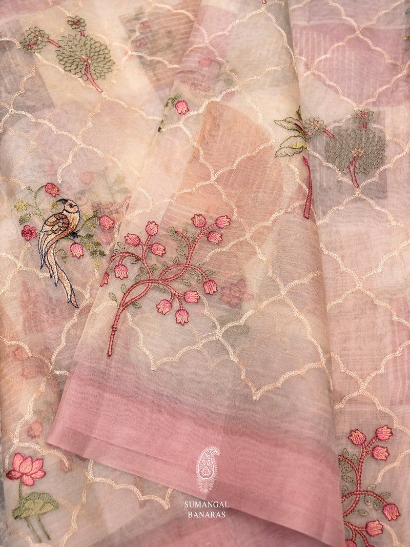 Hand Embroidered Light Pink Banaras Organza Silk Saree