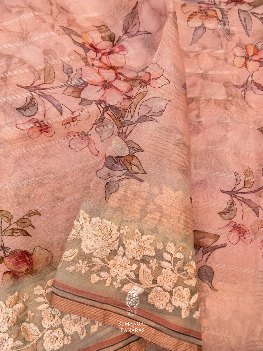 Hand Embroidered Pastel Blue Banaras Organza Silk Saree