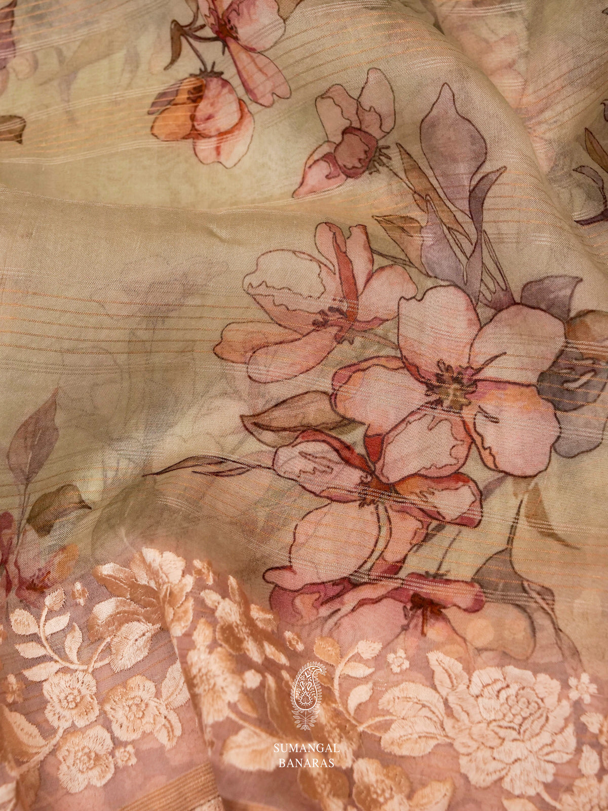 Hand Embroidered Light Green Banaras Organza Silk Saree