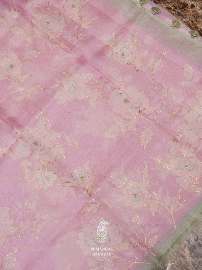 Handwoven Banarasi Pink Organza Saree