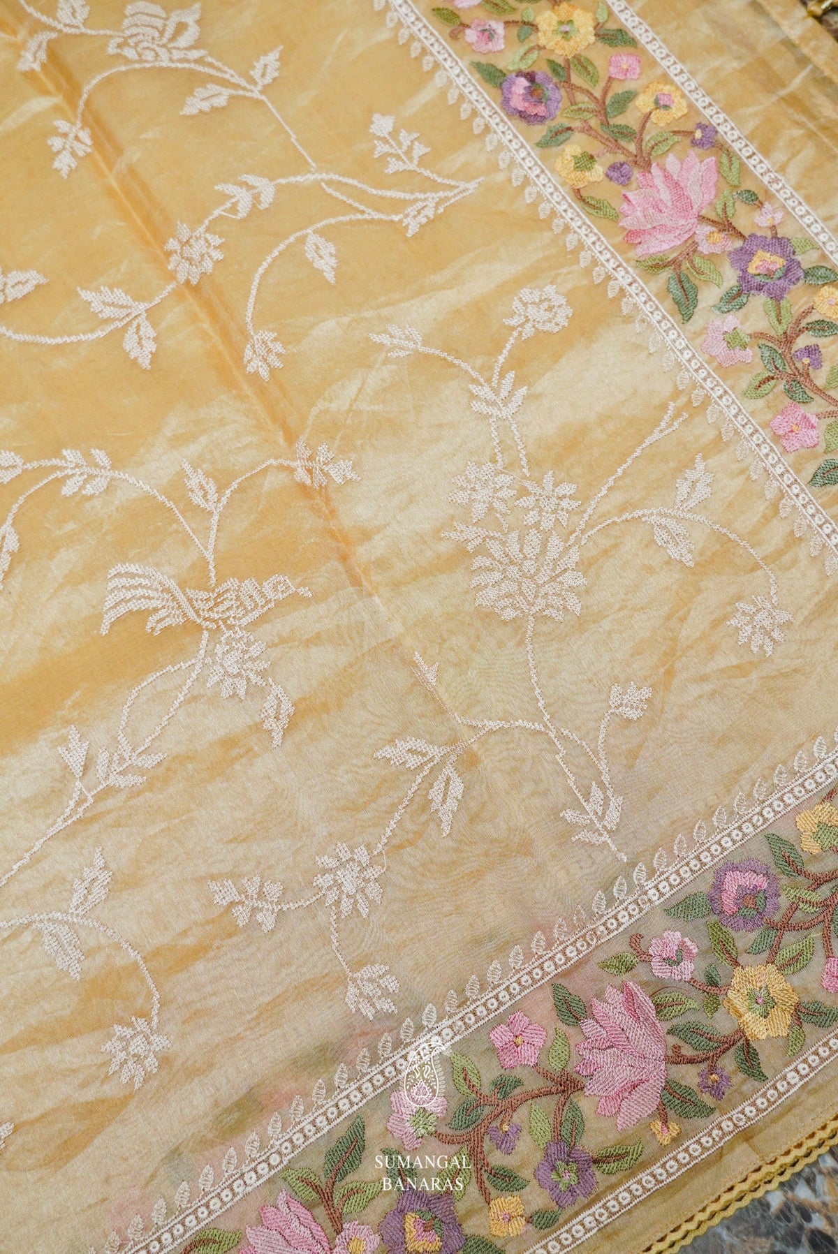 Handwoven Golden Yellow Banarasi Tissue Silk Saree