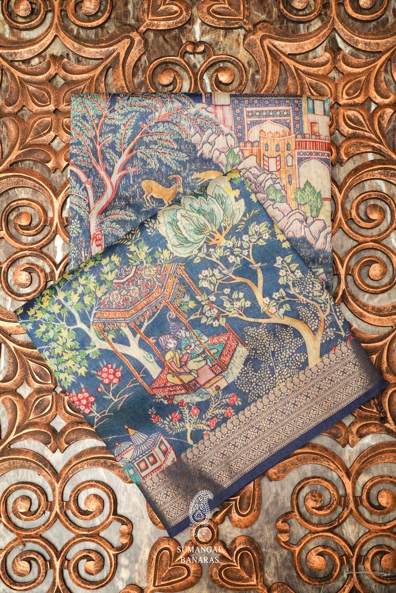 Handwoven Teal Blue Banarasi Tussar Silk Saree