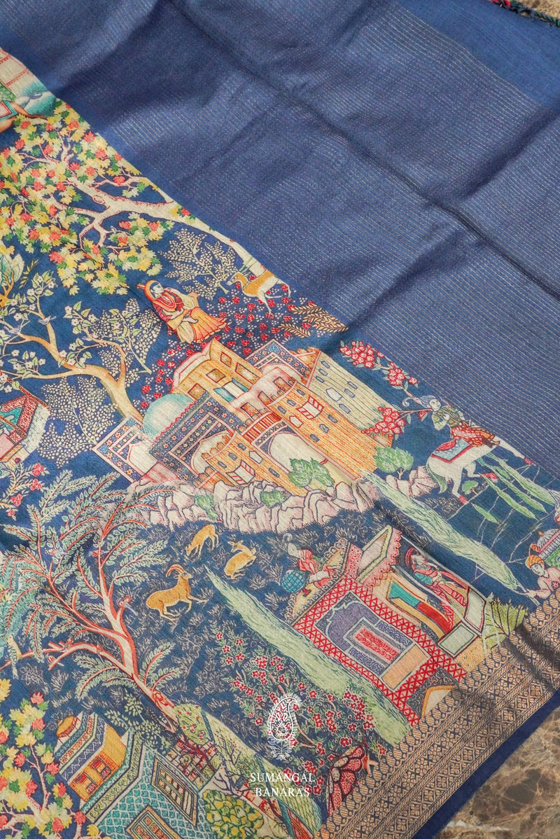 Handwoven Teal Blue Banarasi Tussar Silk Saree