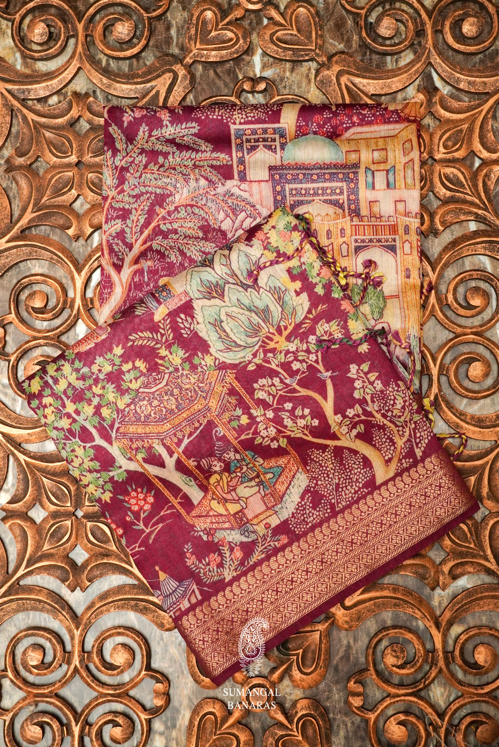 Handwoven Wine Banarasi Tussar Silk Saree