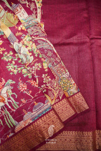 Handwoven Wine Banarasi Tussar Silk Saree