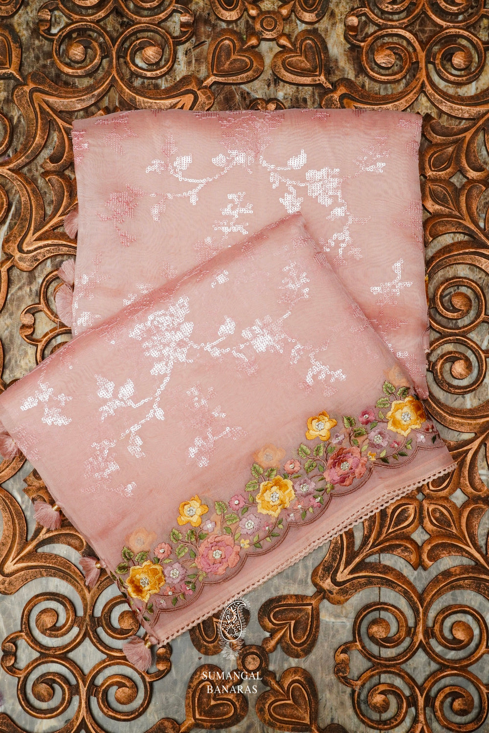 Handwoven Peachy Pink Banarasi Organza Saree