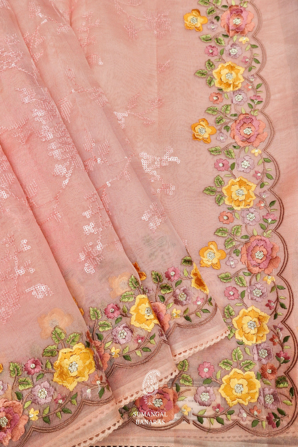Handwoven Peachy Pink Banarasi Organza Saree