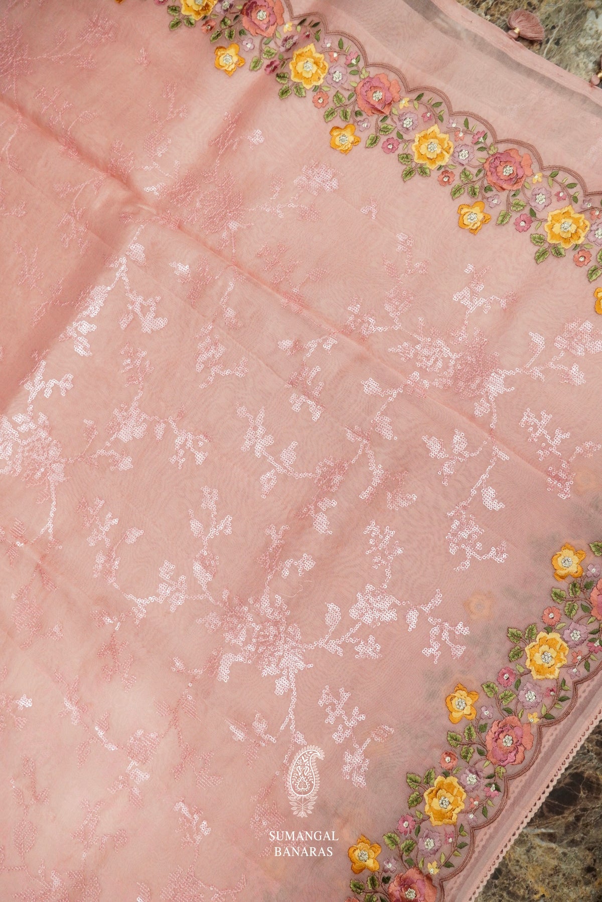 Handwoven Peachy Pink Banarasi Organza Saree