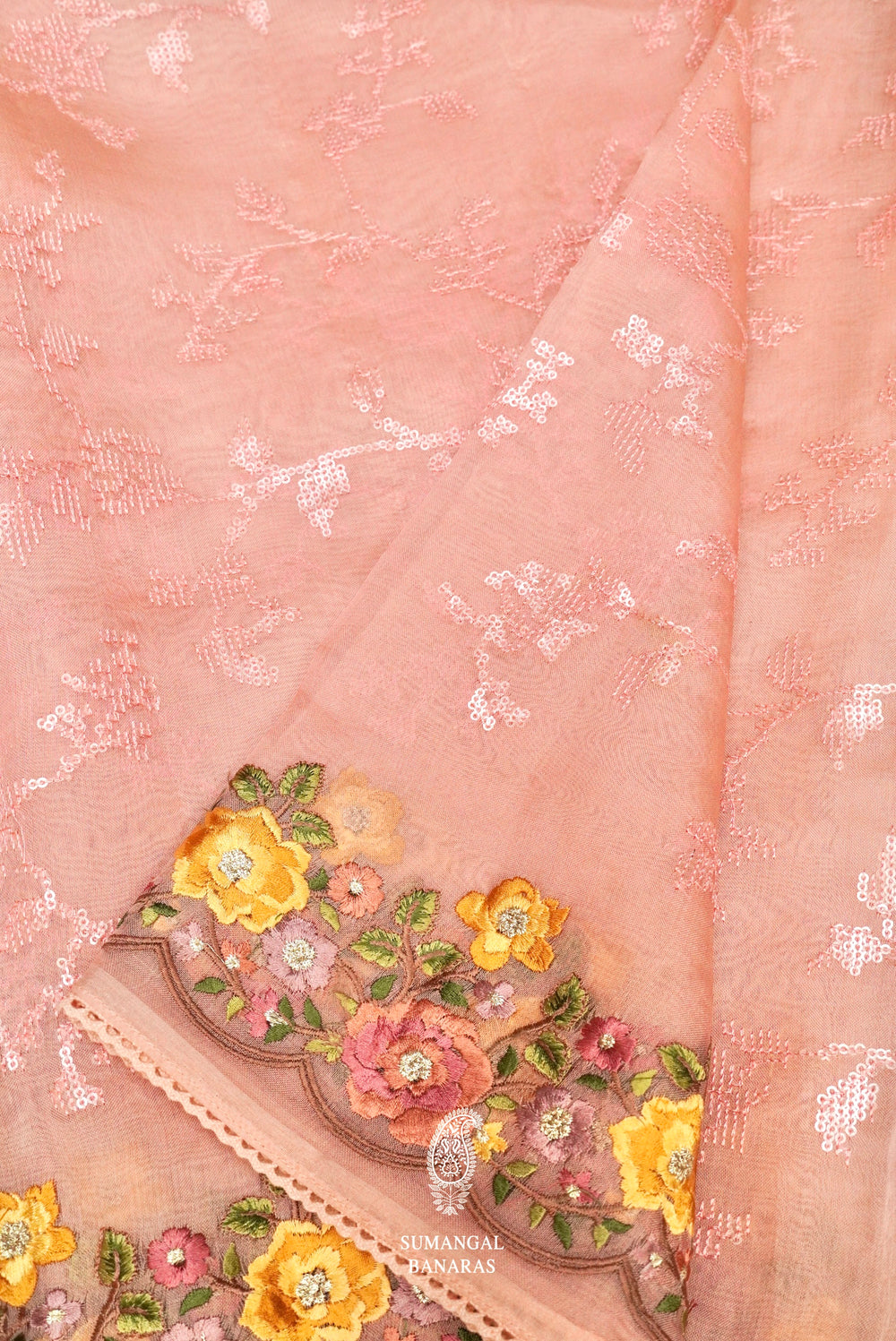 Handwoven Peachy Pink Banarasi Organza Saree