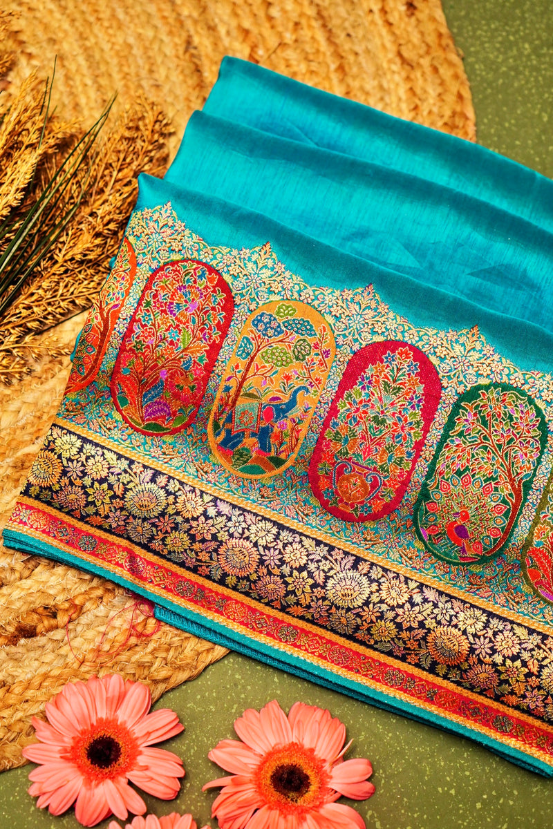 Banarasi Teal Blue Blended Moonga Silk Saree