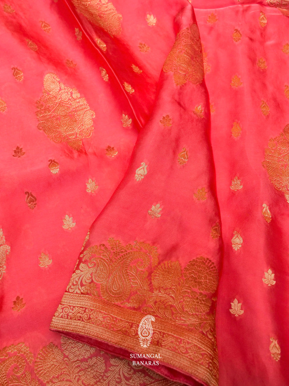 Banarasi Peach Crepe Katan Silk Saree